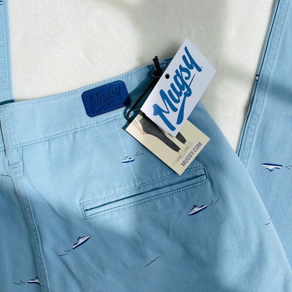 Mugsy Mens Waverunner Chino Pants 31x30 GOOD VIBES Light Blue Stretchy Jet Ski - Picture 7 of 9